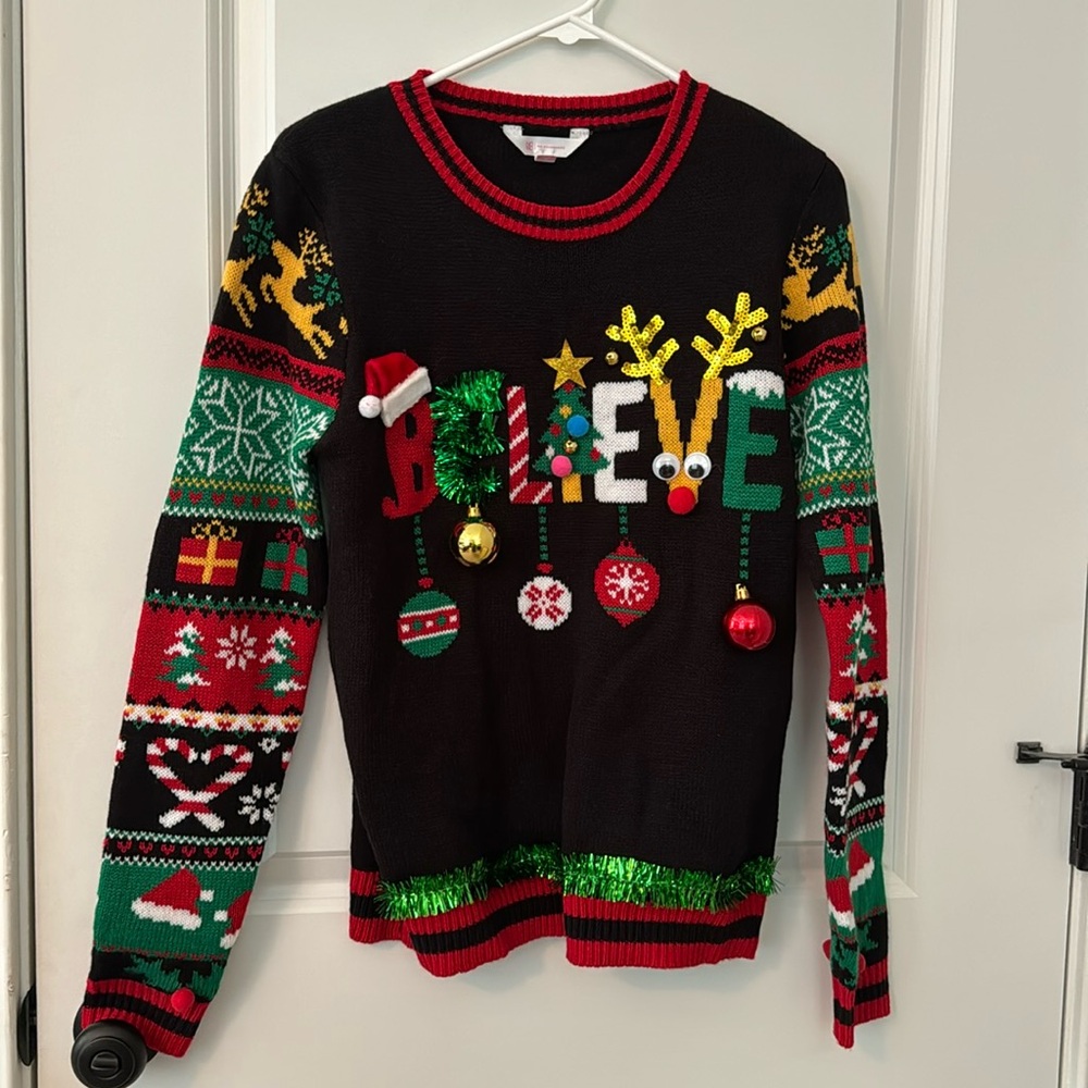 Ugly Christmas Sweater, womens medium, BELIEVE, Santa reindeer ornaments bells